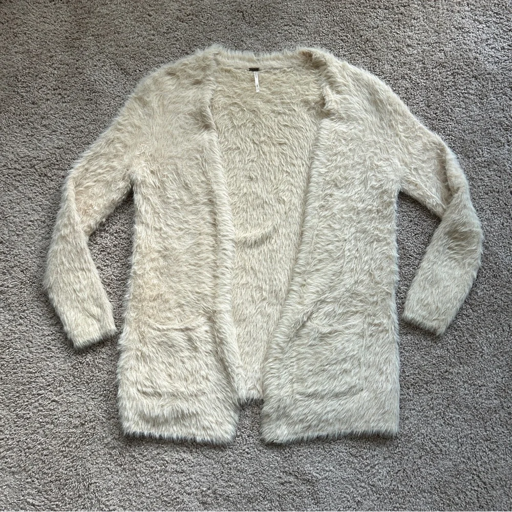 Free People Sand Beige Eyelash Faux Fur Open Front Cardigan Size Small